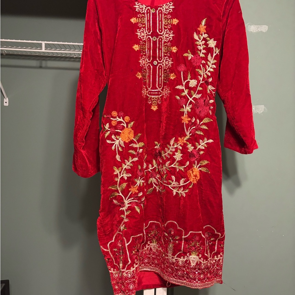 Red Embroidered Long Sleeve Dress velvet shalwar khameez